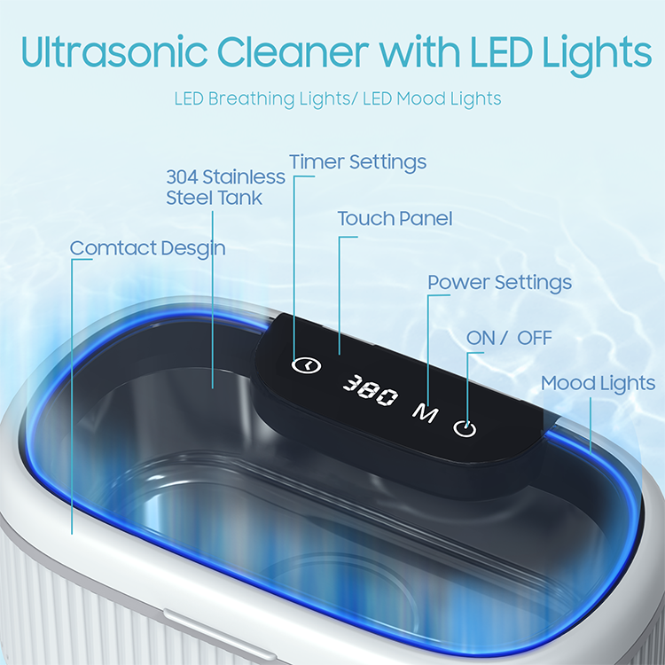 Isenkanjade Ultrasonic Mini, pẹlu ina LED, multifunctional, le sọ awọn gilaasi nu, ẹgbẹ iṣọ, awọn ohun-ọṣọ ati bẹbẹ lọ.